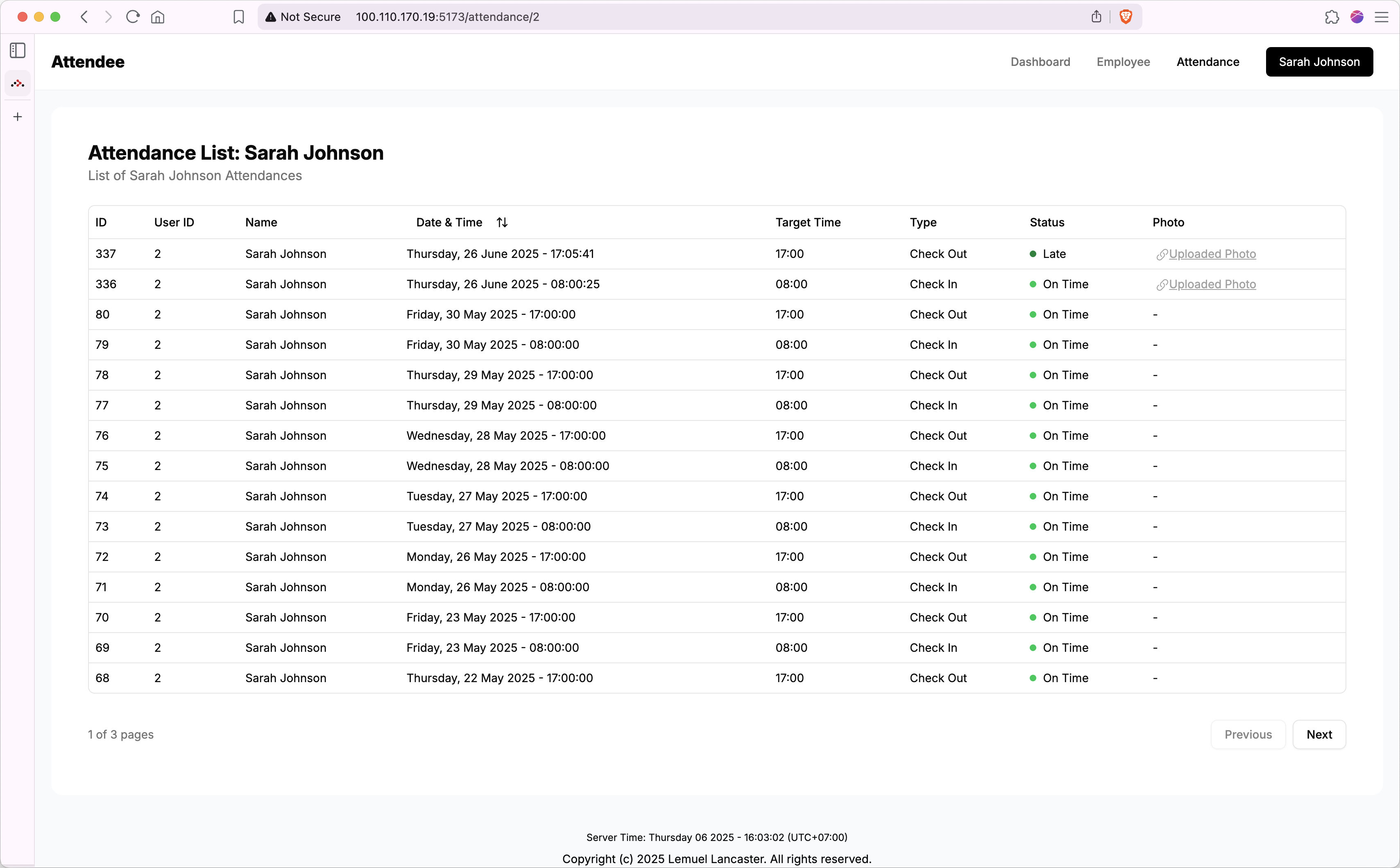 Employee attendance list page