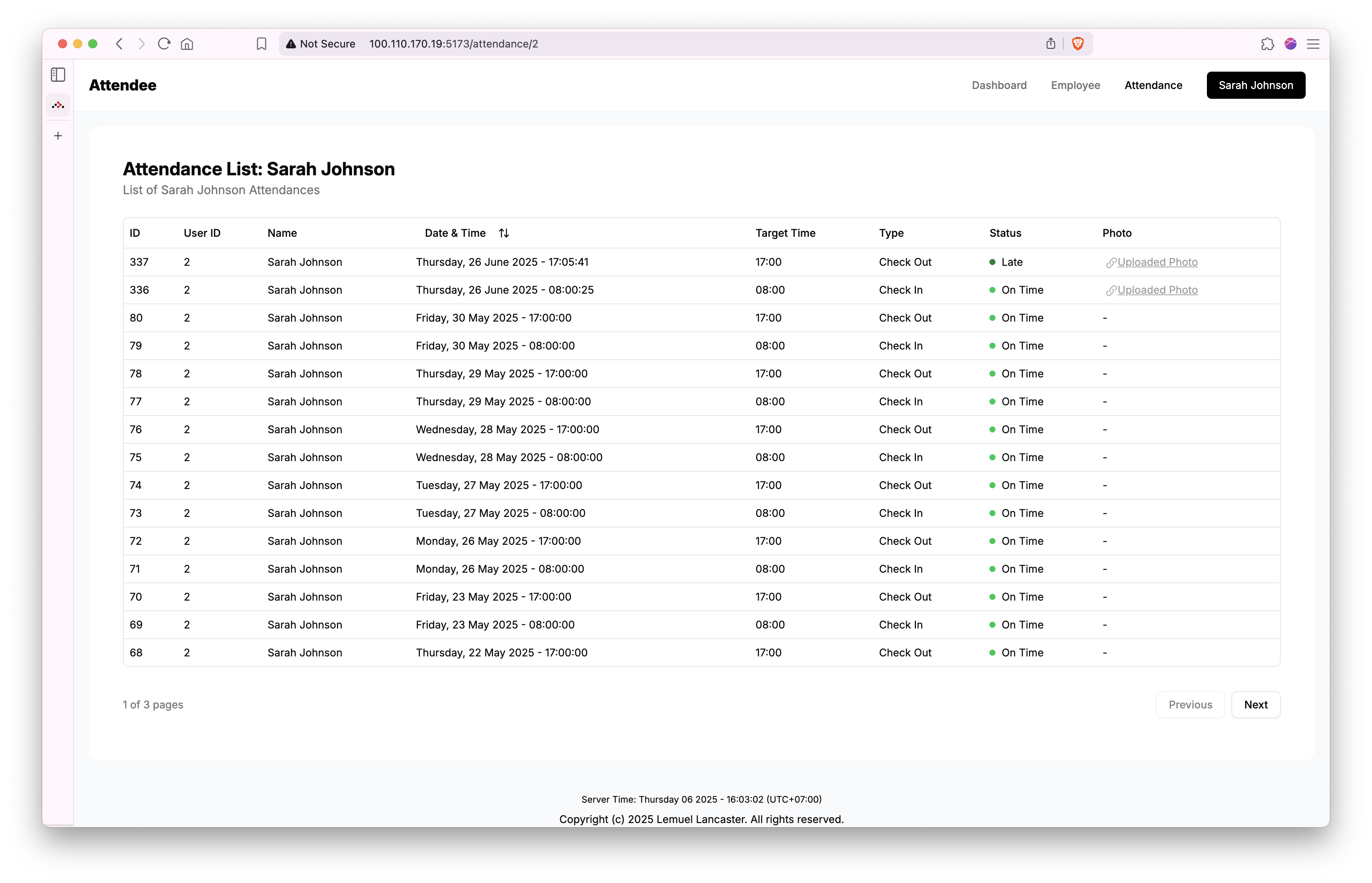 Employee attendance list page