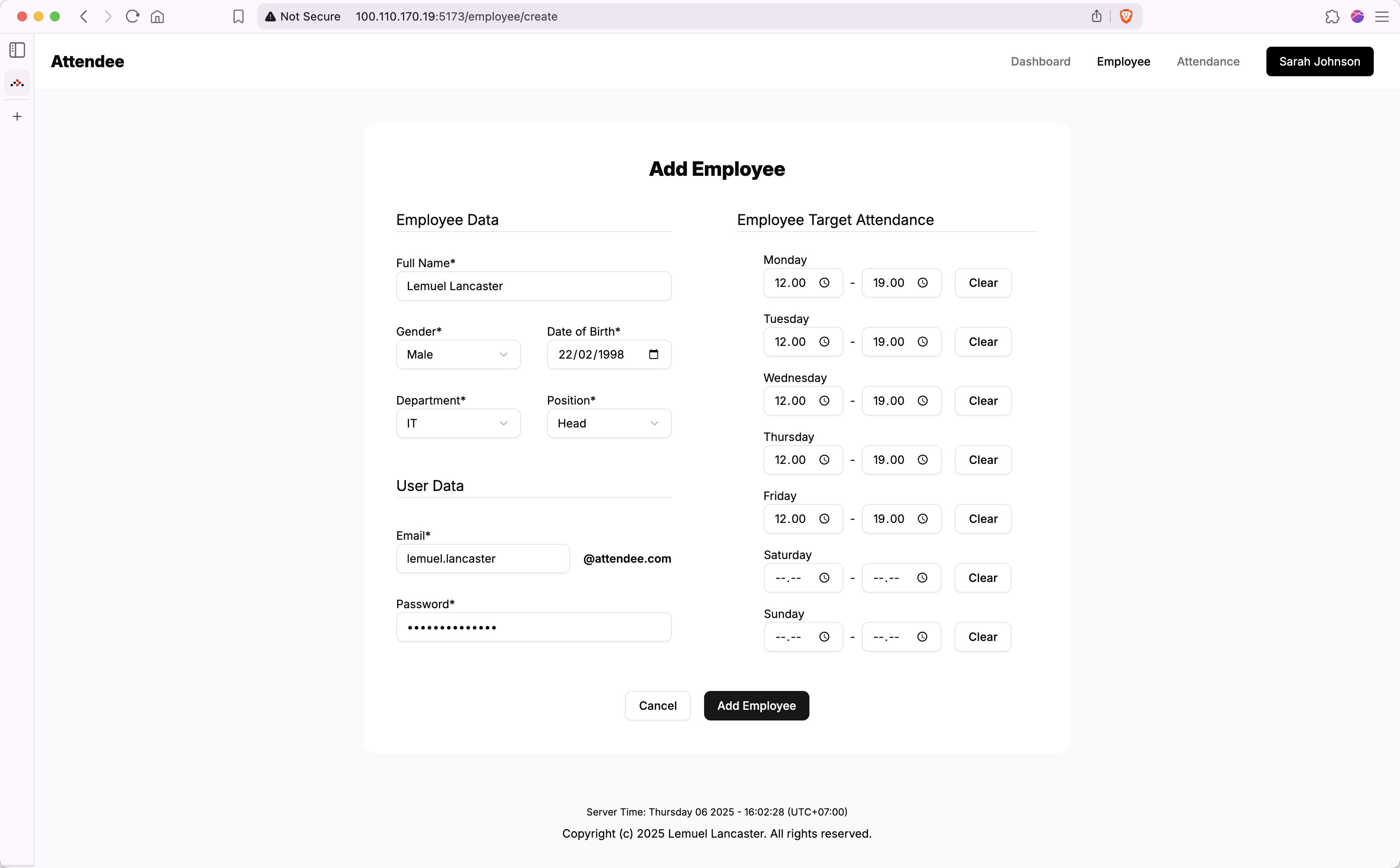 Employee create page