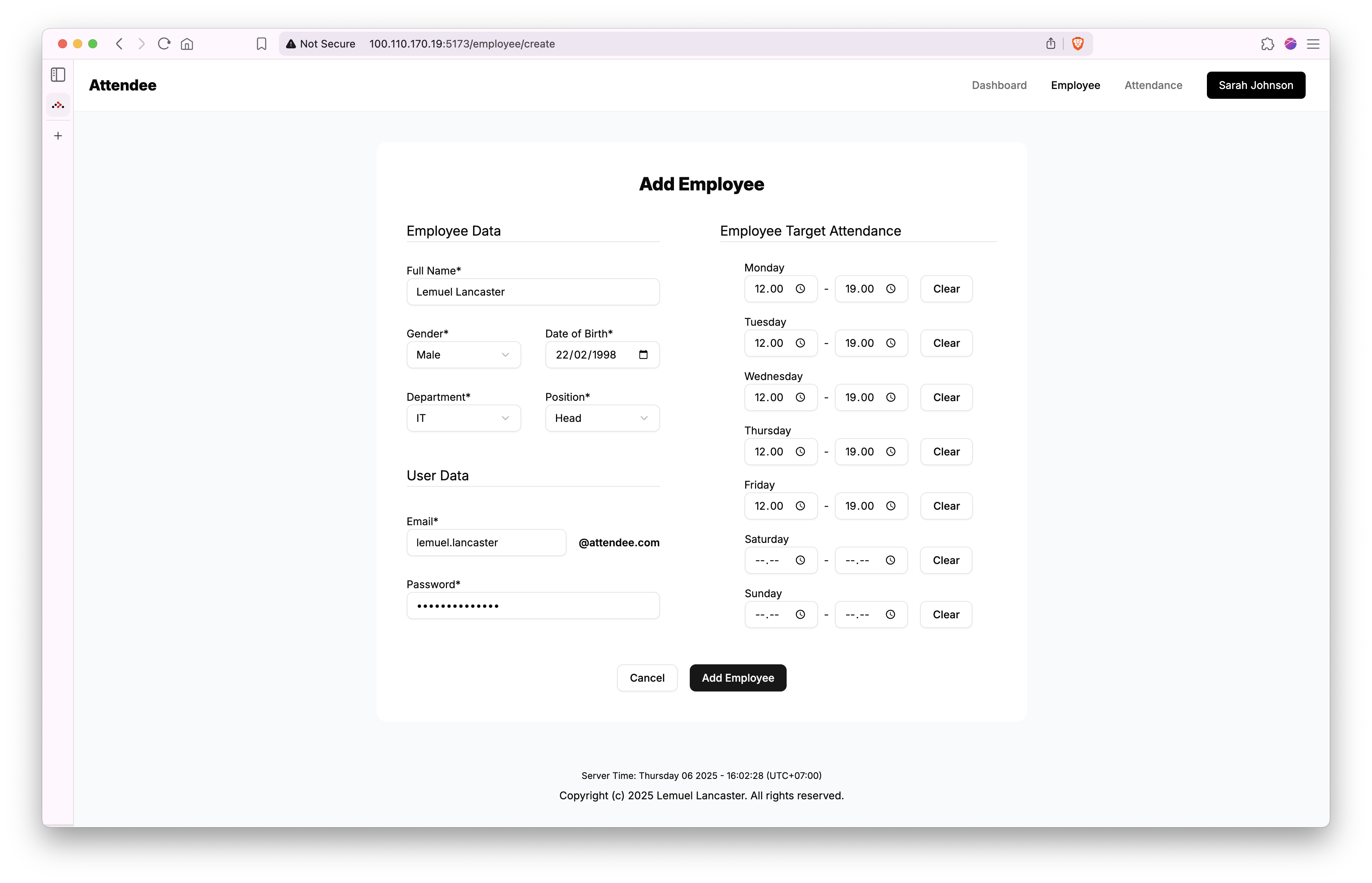 Employee create page