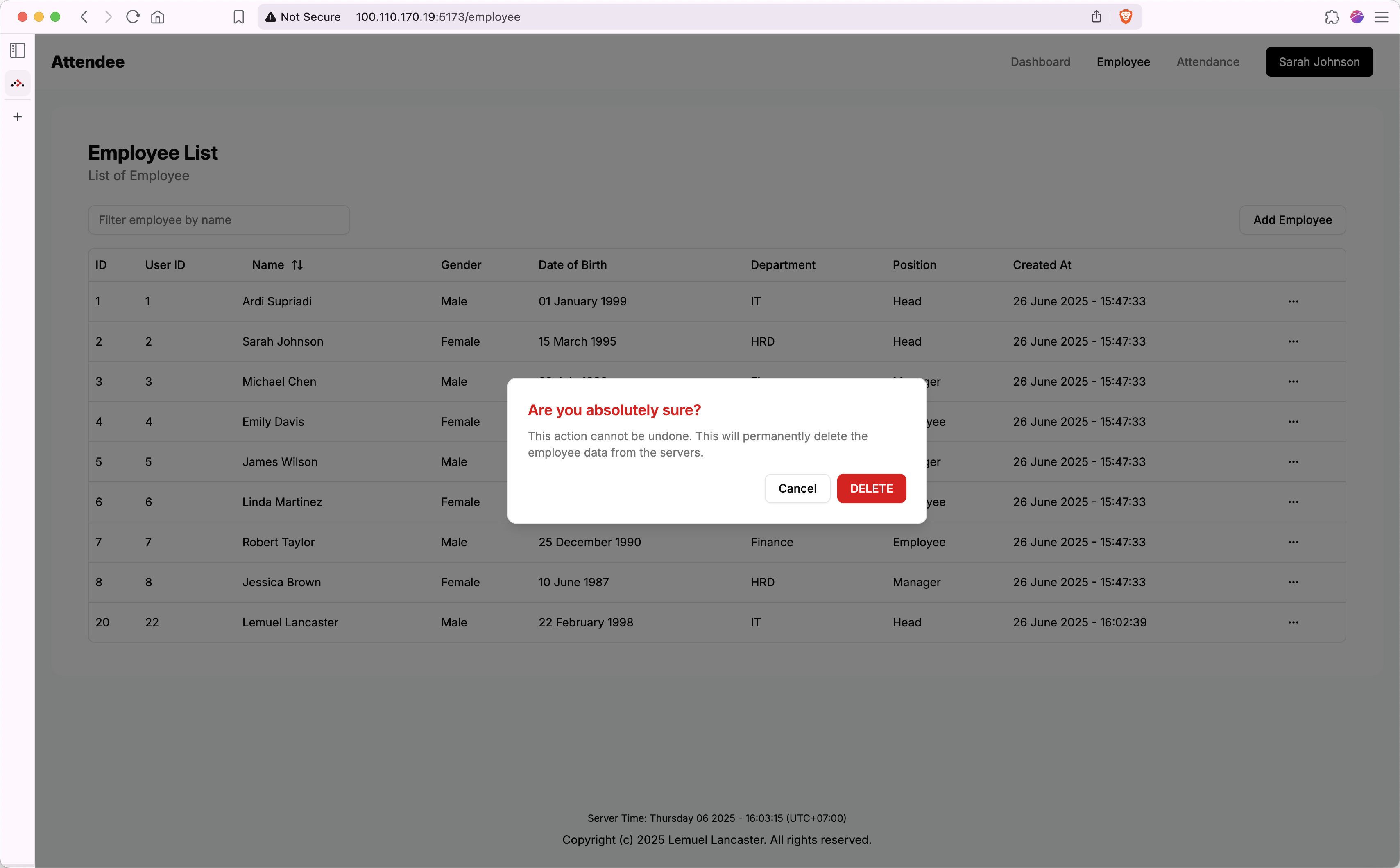Employee delete confirmation modal