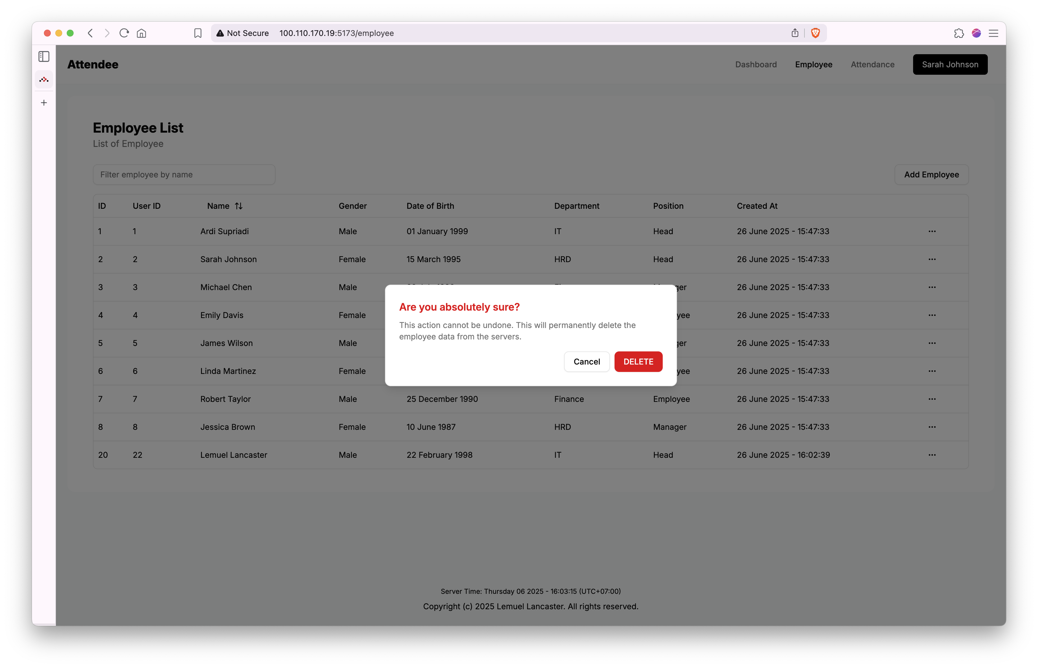 Employee delete confirmation modal