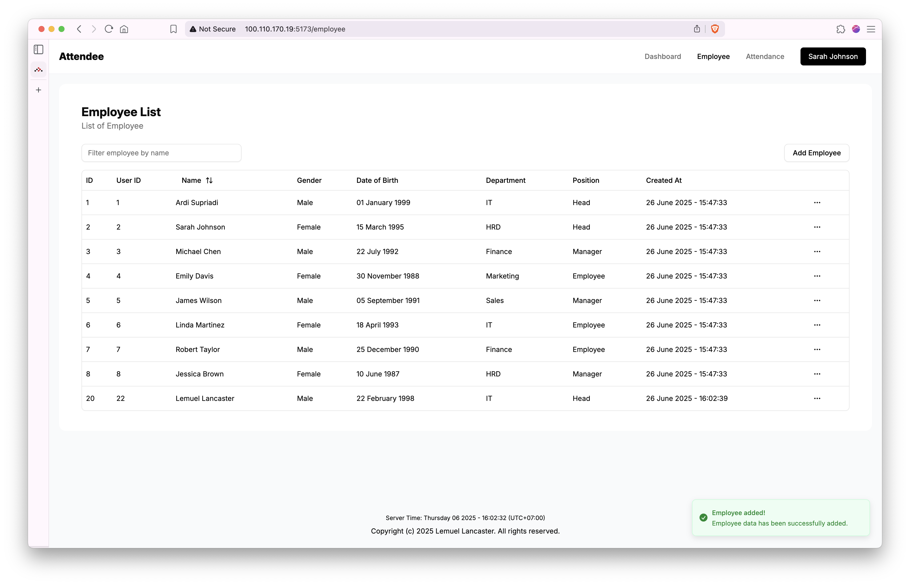 Employee list page