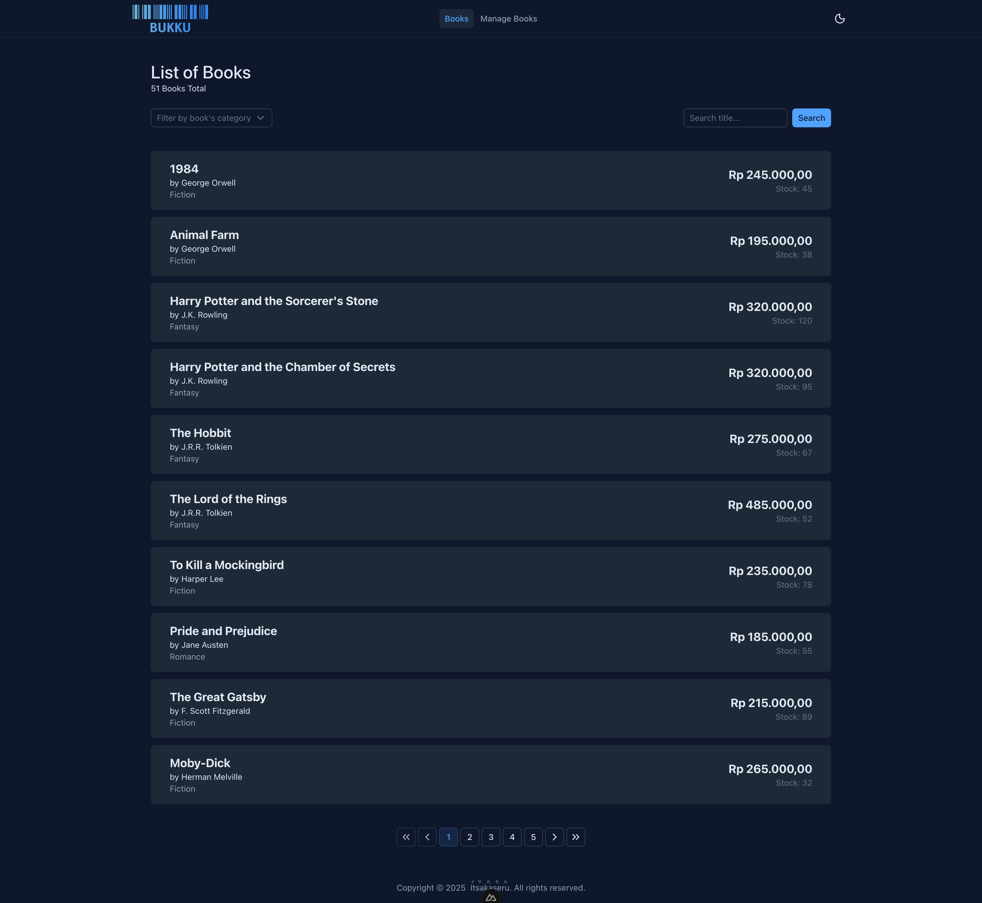Book list page in dark mode