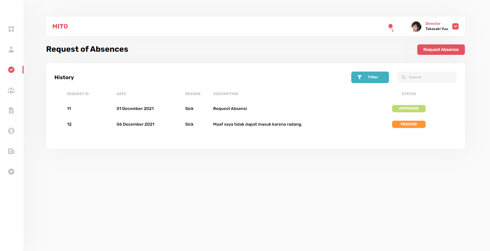 Employee request absences list page