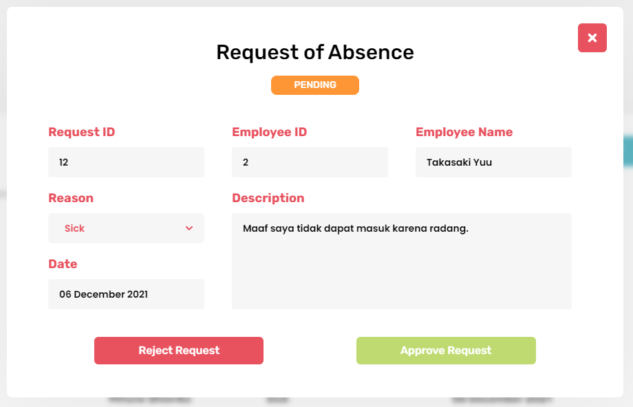 Manager request absences view modal