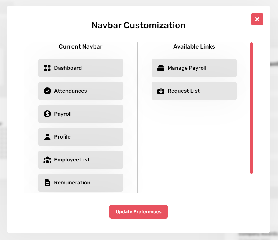 Navigation bar customization modal