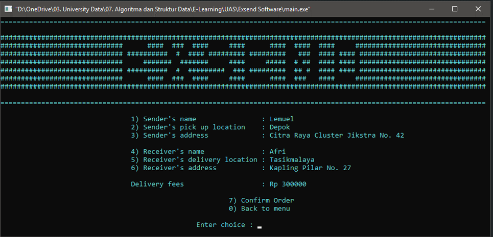 Ex-Send order form screen