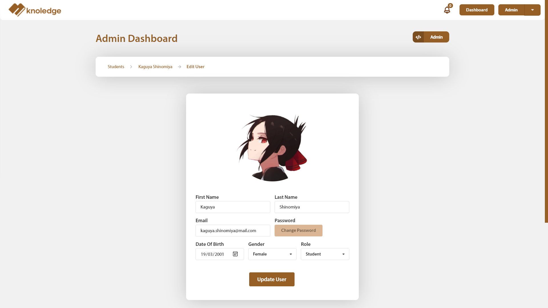 Knoledge admin editing student info