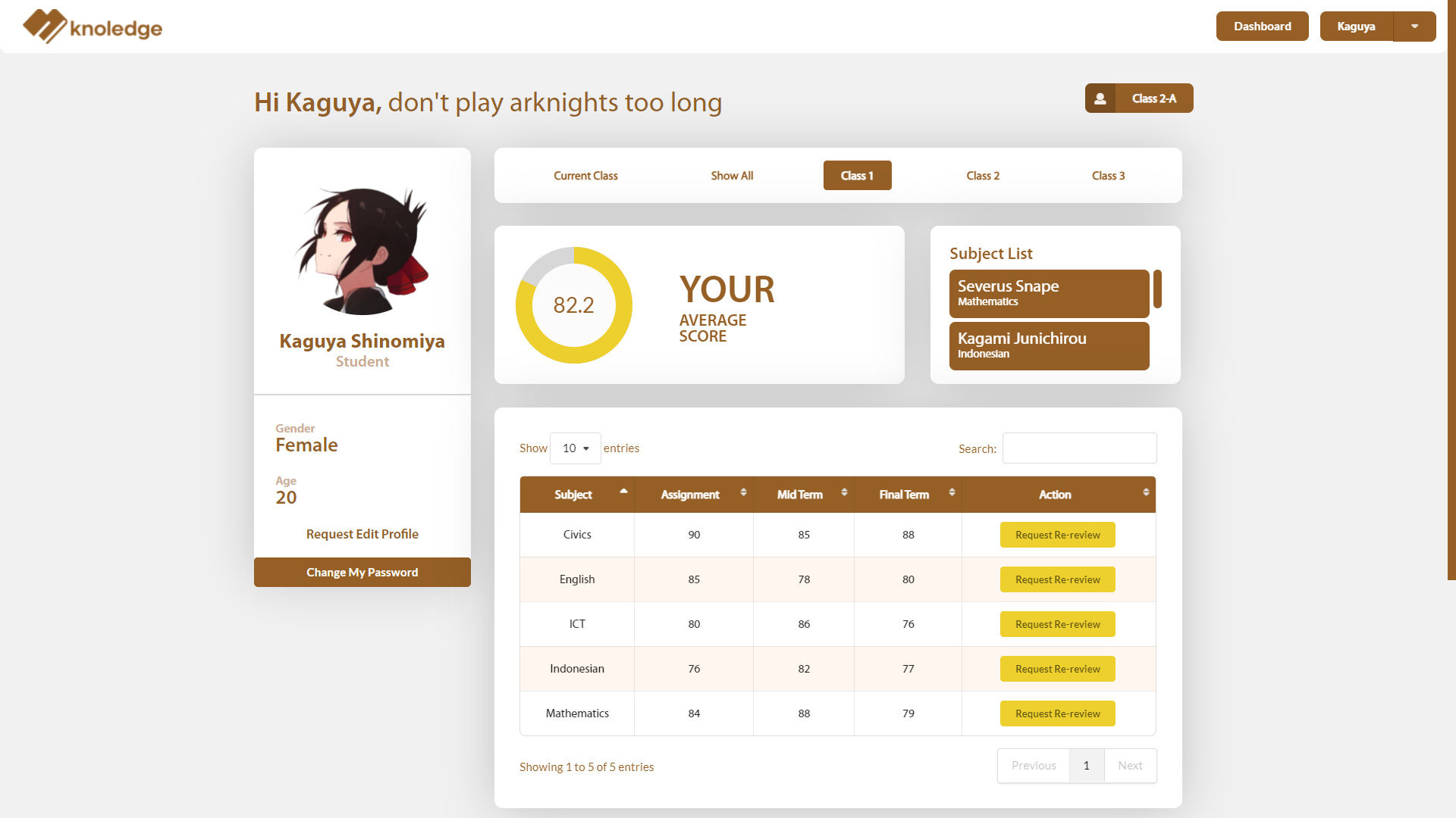 Knoledge student dashboard